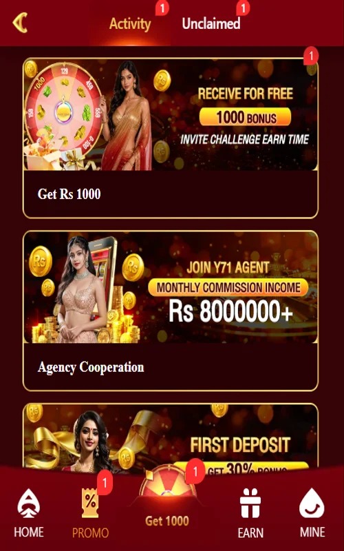 Y71 Game bonuses screen with promo rewards, agency cooperation, and first deposit offer