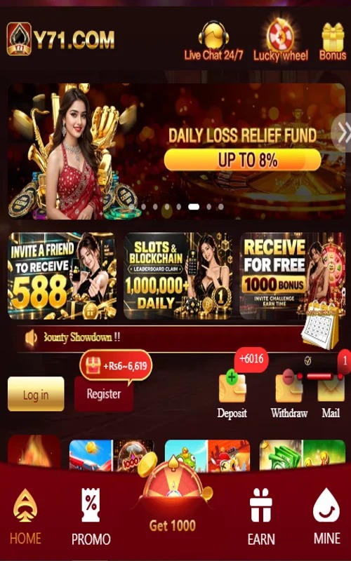 Y71 Game play screen with bonuses, login, register, and wallet actions